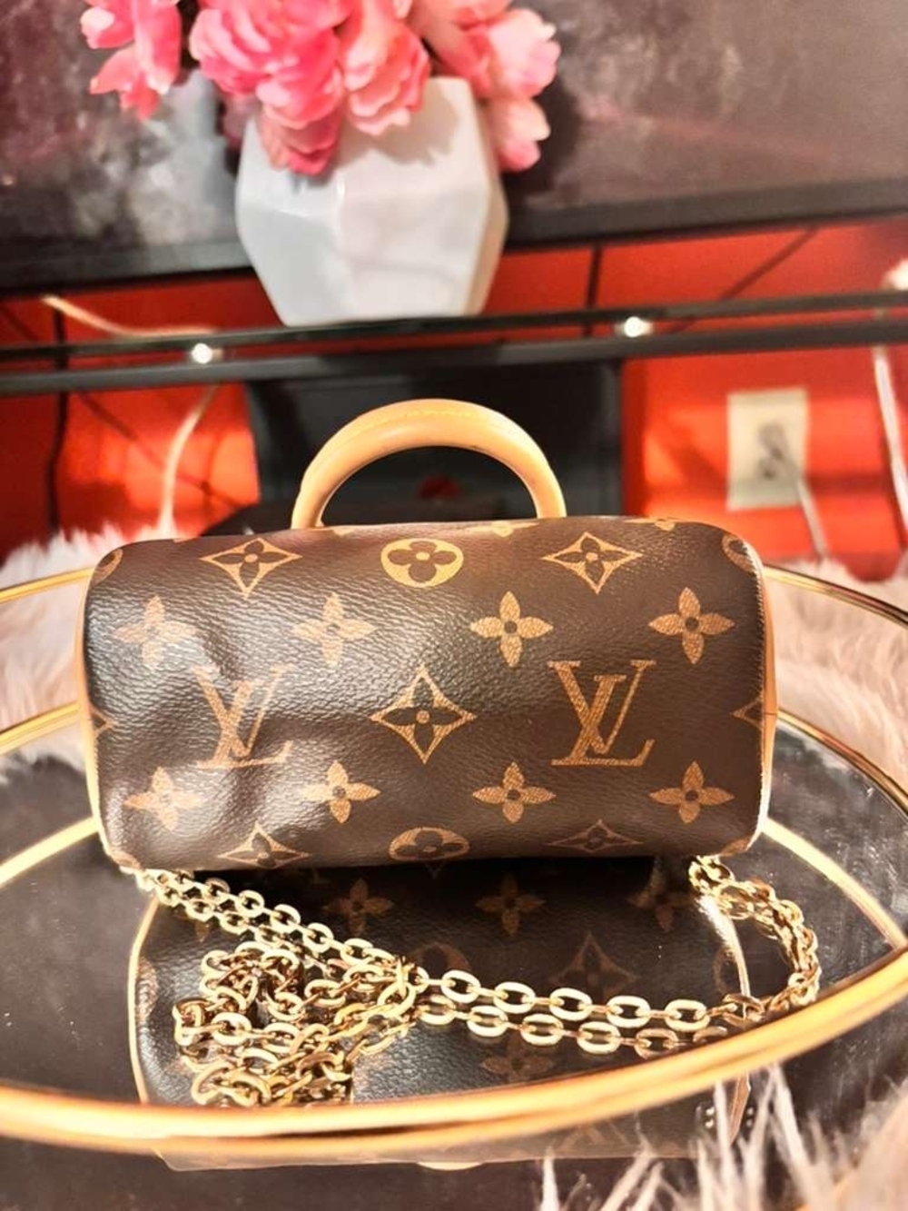 Louis Vuitton Brown Monogram Mini Nano Speedy Satchel with Gold Chain - Picture 6 of 8